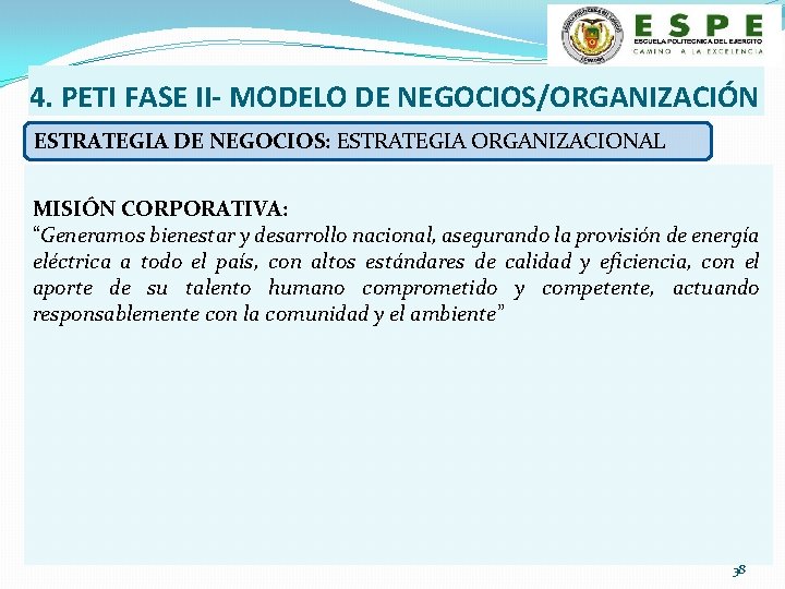 4. PETI FASE II- MODELO DE NEGOCIOS/ORGANIZACIÓN ESTRATEGIA DE NEGOCIOS: ESTRATEGIA ORGANIZACIONAL MISIÓN CORPORATIVA: