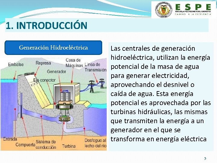 1. INTRODUCCIÓN Generación Hidroeléctrica Las centrales de generación hidroeléctrica, utilizan la energía potencial de