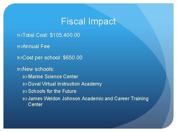 Fiscal Impact Total Cost: $105, 400. 00 Annual Fee Cost per school: $650. 00