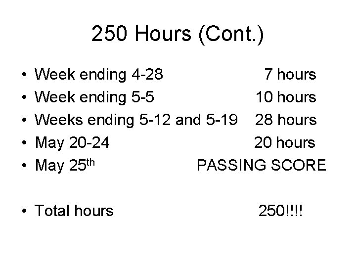 250 Hours (Cont. ) • • • Week ending 4 -28 7 hours Week