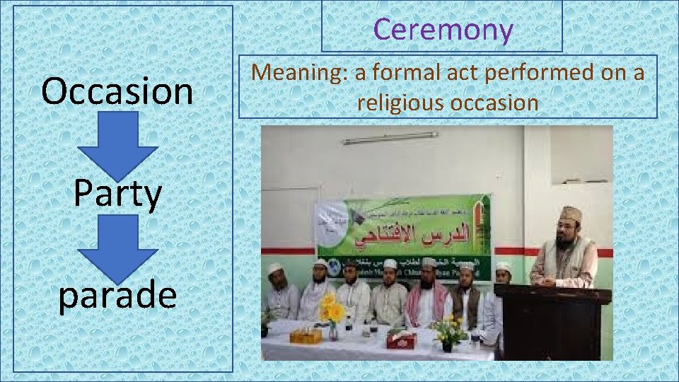 Ceremony Occasion Party parade Meaning: a formal act performed on a religious occasion 