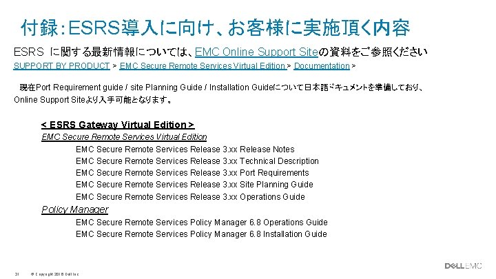 付録：ESRS導入に向け、お客様に実施頂く内容 ESRS に関する最新情報については、EMC Online Support Siteの資料をご参照ください SUPPORT BY PRODUCT > EMC Secure Remote Services