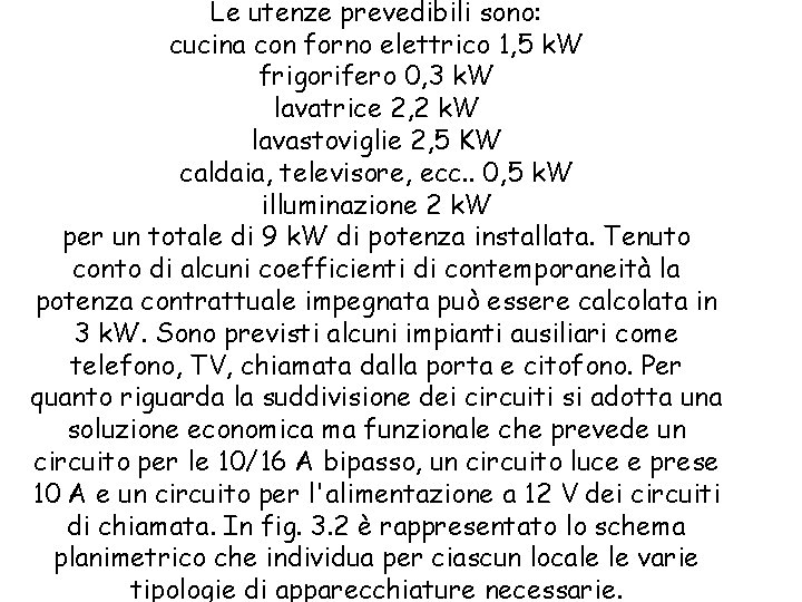 Le utenze prevedibili sono: cucina con forno elettrico 1, 5 k. W frigorifero 0,