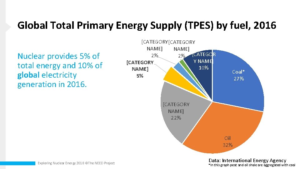 Global Total Primary Energy Supply (TPES) by fuel, 2016 Nuclear provides 5% of total