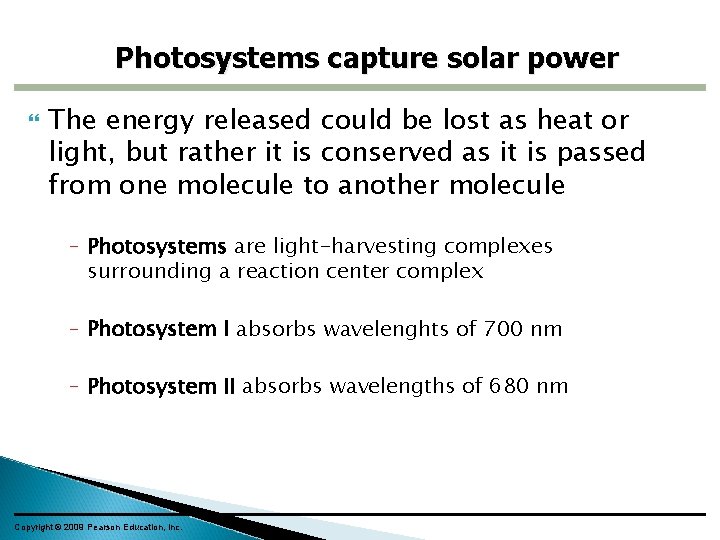 Photosystems capture solar power The energy released could be lost as heat or light,