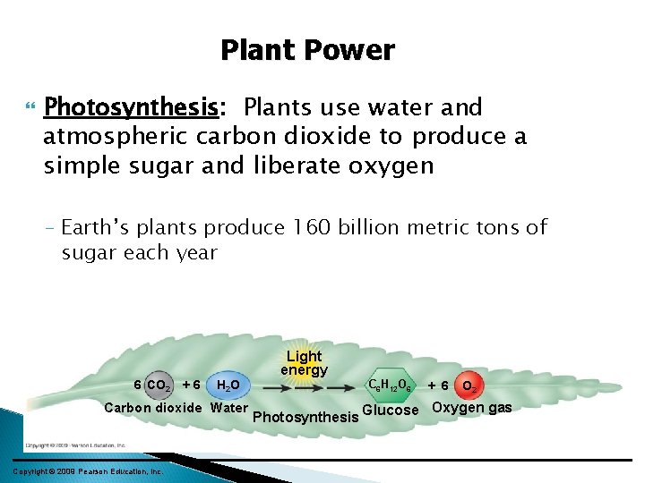 Plant Power Photosynthesis: Plants use water and atmospheric carbon dioxide to produce a simple