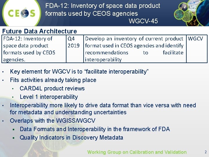 FDA-12: Inventory of space data product formats used by CEOS agencies WGCV-45 Future Data