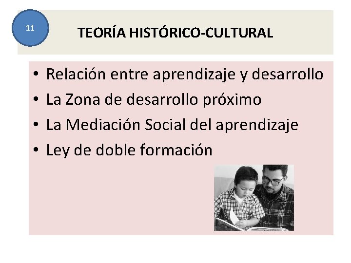 11 • • TEORÍA HISTÓRICO-CULTURAL Relación entre aprendizaje y desarrollo La Zona de desarrollo