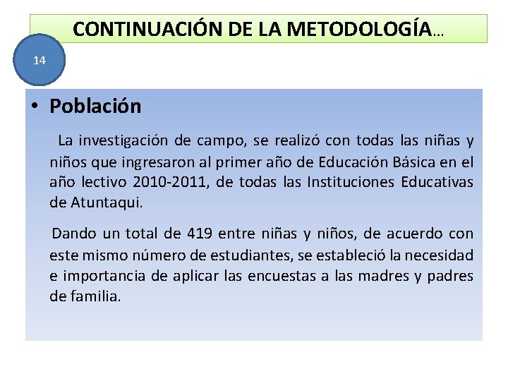 CONTINUACIÓN DE LA METODOLOGÍA… 14 • Población La investigación de campo, se realizó con