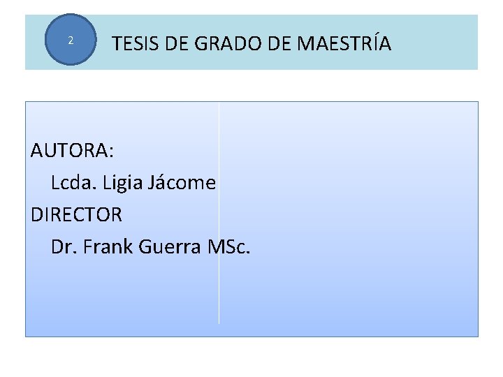 2 TESIS DE GRADO DE MAESTRÍA AUTORA: Lcda. Ligia Jácome DIRECTOR Dr. Frank Guerra