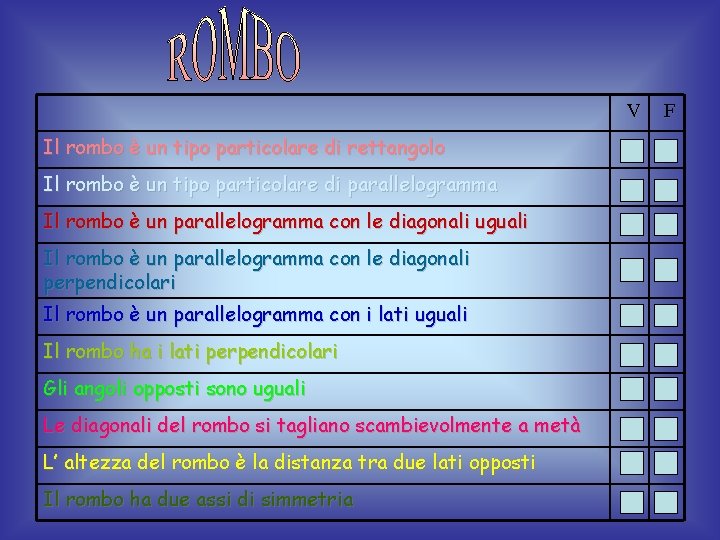 V Il rombo è un tipo particolare di rettangolo Il rombo è un tipo V Il rombo è un tipo particolare di rettangolo Il rombo è un tipo