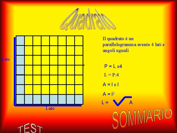 Il quadrato è un parallelogramma avente 4 lati e angoli uguali Lato P = Il quadrato è un parallelogramma avente 4 lati e angoli uguali Lato P =