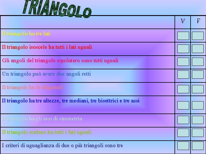 V Il triangolo ha tre lati Il triangolo isoscele ha tutti i lati uguali V Il triangolo ha tre lati Il triangolo isoscele ha tutti i lati uguali