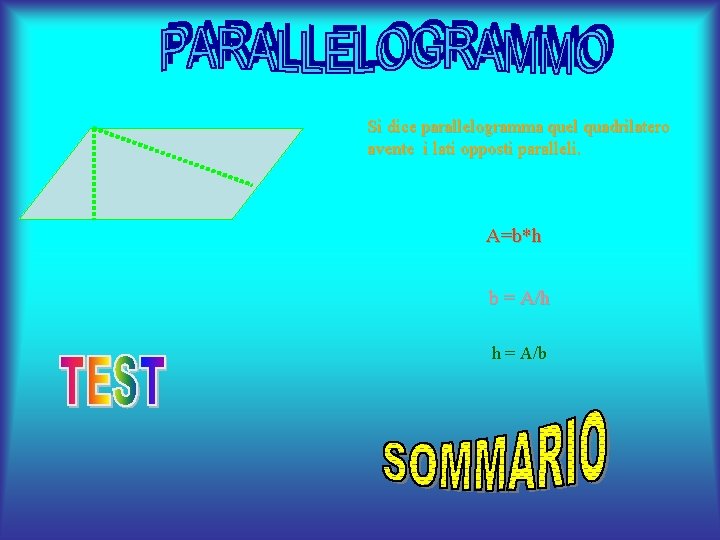 Si dice parallelogramma quel quadrilatero avente i lati opposti paralleli. A=b*h b = A Si dice parallelogramma quel quadrilatero avente i lati opposti paralleli. A=b*h b = A