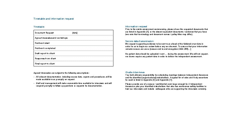Timetable and information request Information request Timetable Document Request [date] Prior to the onsite