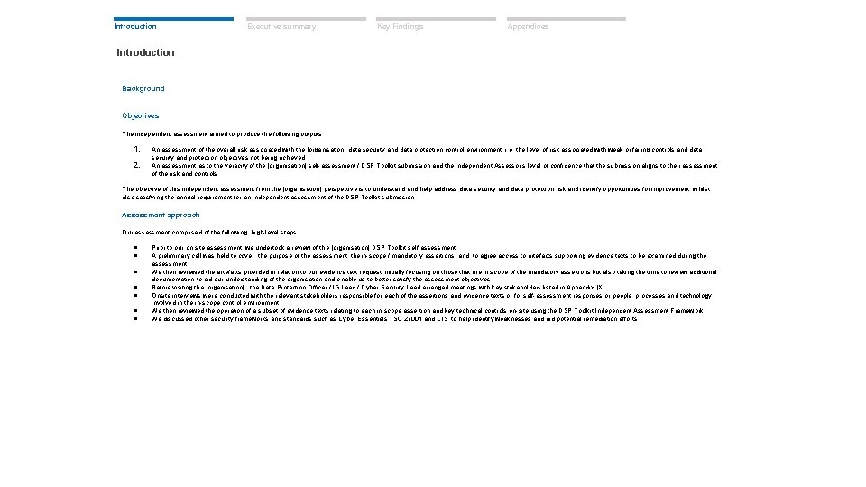 Introduction Executive summary Key Findings Appendices Introduction Background Objectives The independent assessment aimed to