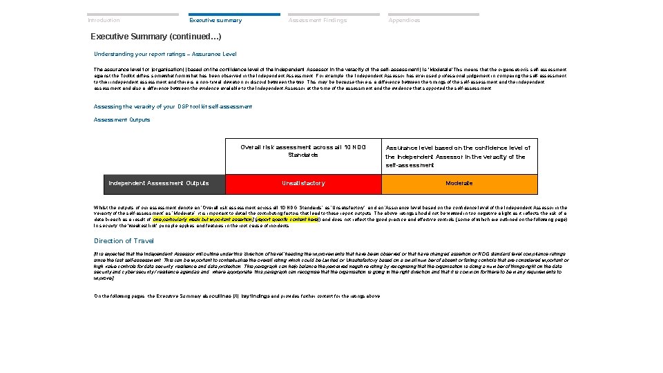 Introduction Executive summary Assessment Findings Appendices Executive Summary (continued…) Understanding your report ratings –