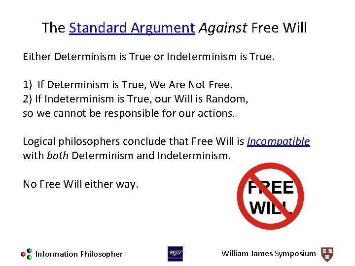 The Standard Argument Against Free Will Either Determinism is True or Indeterminism is True.