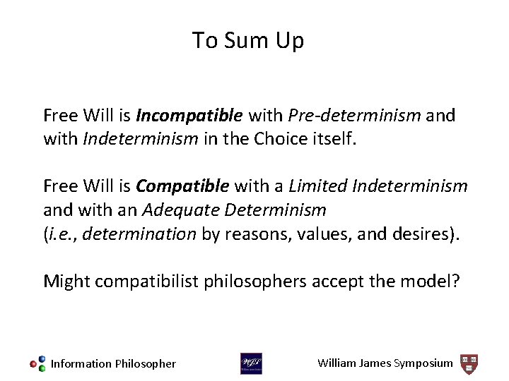 To Sum Up Free Will is Incompatible with Pre-determinism and with Indeterminism in the