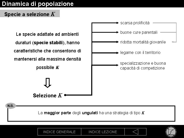 Dinamica di popolazione Specie a selezione K scarsa prolificità Le specie adattate ad ambienti