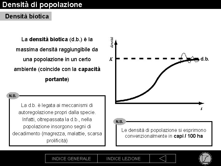 Densità di popolazione La densità biotica (d. b. ) è la massima densità raggiungibile