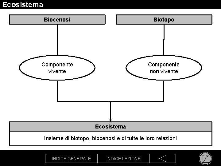 Ecosistema Biocenosi Biotopo Componente vivente Componente non vivente Ecosistema Insieme di biotopo, biocenosi e