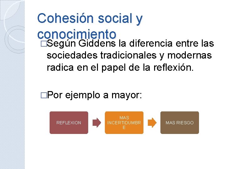 Cohesión social y conocimiento �Según Giddens la diferencia entre las sociedades tradicionales y modernas
