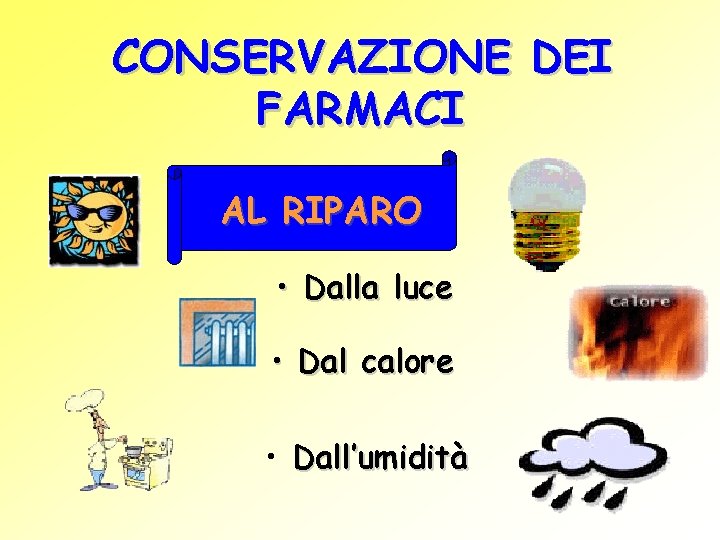 CONSERVAZIONE DEI FARMACI AL RIPARO • Dalla luce • Dal calore • Dall’umidità 