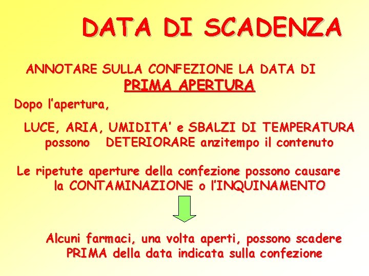 DATA DI SCADENZA ANNOTARE SULLA CONFEZIONE LA DATA DI Dopo l’apertura, PRIMA APERTURA LUCE,