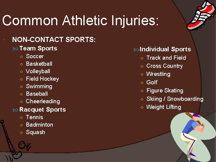 Common Athletic Injuries: NON-CONTACT SPORTS: Team Sports ○ Soccer ○ Basketball ○ Volleyball ○