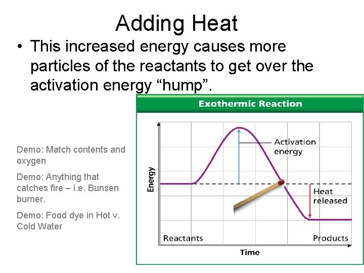 Adding Heat • This increased energy causes more particles of the reactants to get