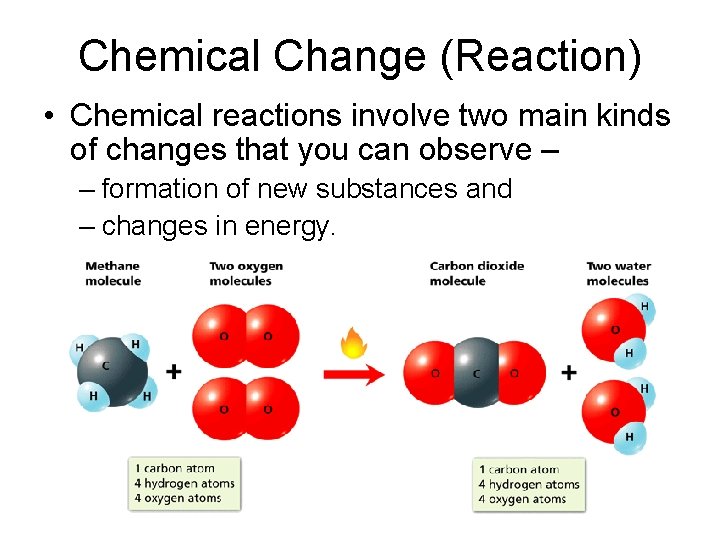 Chemical Change (Reaction) • Chemical reactions involve two main kinds of changes that you