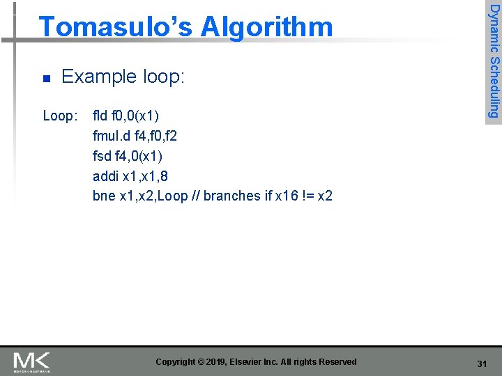 Dynamic Scheduling Tomasulo’s Algorithm n Example loop: Loop: fld f 0, 0(x 1) fmul.