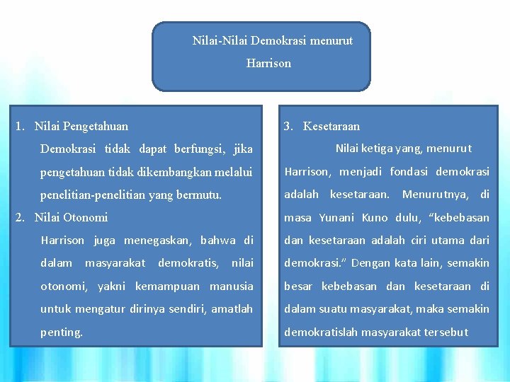 Nilai-Nilai Demokrasi menurut Harrison 1. Nilai Pengetahuan Demokrasi tidak dapat berfungsi, jika 3. Kesetaraan