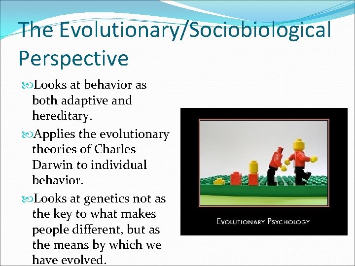 The Evolutionary/Sociobiological Perspective Looks at behavior as both adaptive and hereditary. Applies the evolutionary
