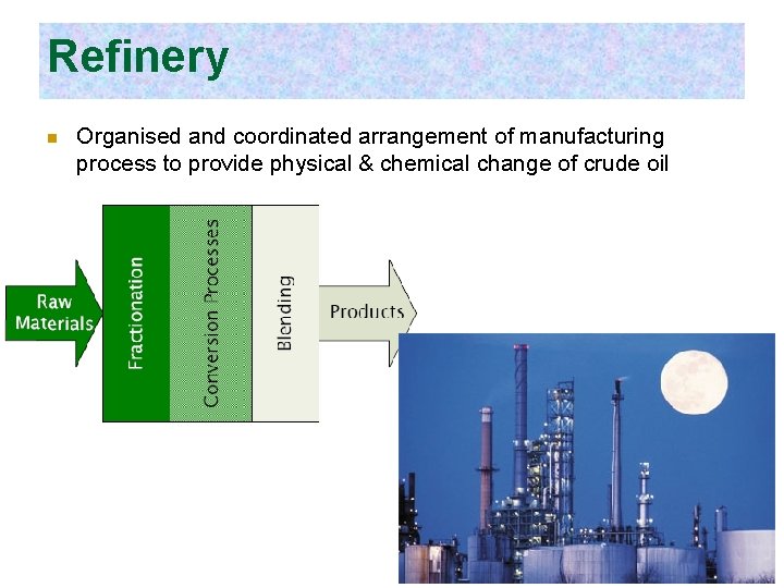 Refinery n Organised and coordinated arrangement of manufacturing process to provide physical & chemical