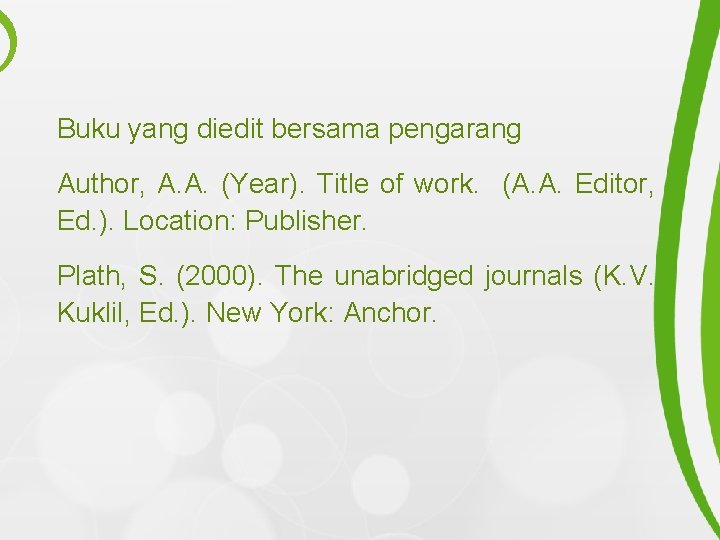 Buku yang diedit bersama pengarang Author, A. A. (Year). Title of work. (A. A.