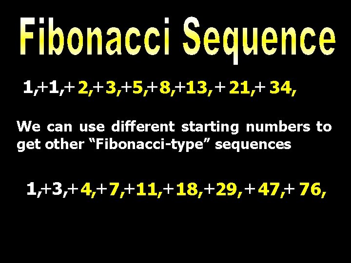 1, + 2, + 3, +5, + 8, +13, + 21, + 34, We