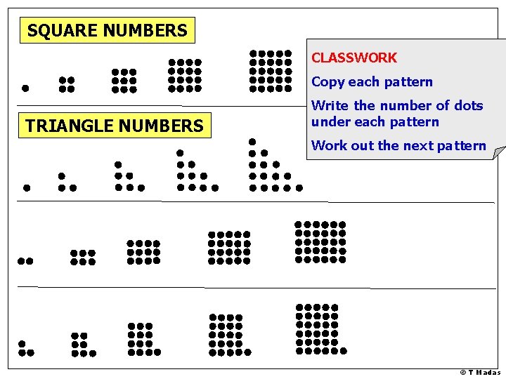 SQUARE NUMBERS CLASSWORK Copy each pattern TRIANGLE NUMBERS Write the number of dots under