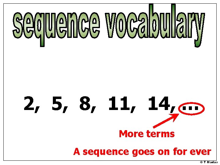 2, 5, 8, 11, 14, … More terms A sequence goes on for ever