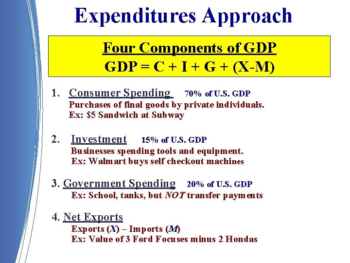 Expenditures Approach Four Components of GDP = C + I + G + (X-M)