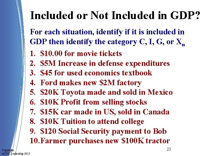 Included or Not Included in GDP? For each situation, identify if it is included