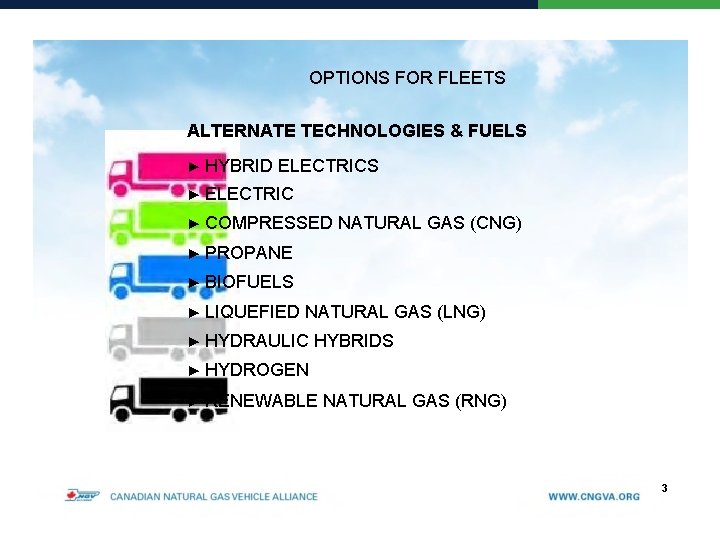 OPTIONS FOR FLEETS ALTERNATE TECHNOLOGIES & FUELS ▶ HYBRID ELECTRICS ▶ ELECTRIC ▶ COMPRESSED