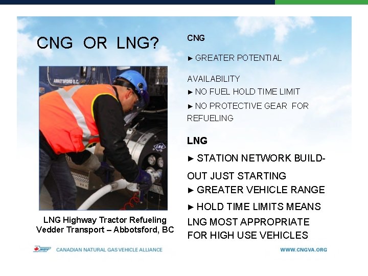 CNG OR LNG? CNG ▶ GREATER POTENTIAL AVAILABILITY ▶ NO FUEL HOLD TIME LIMIT