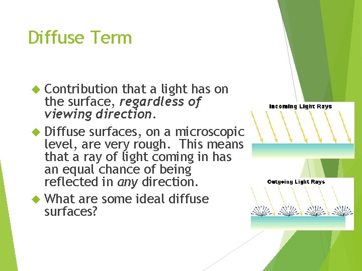 Diffuse Term Contribution that a light has on the surface, regardless of viewing direction.