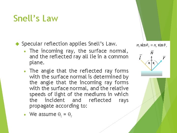 Snell’s Law Specular reflection applies Snell’s Law. · The incoming ray, the surface normal,