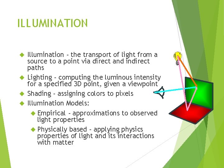 ILLUMINATION Illumination - the transport of light from a source to a point via