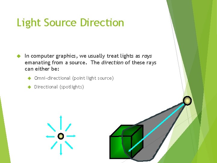 Light Source Direction In computer graphics, we usually treat lights as rays emanating from