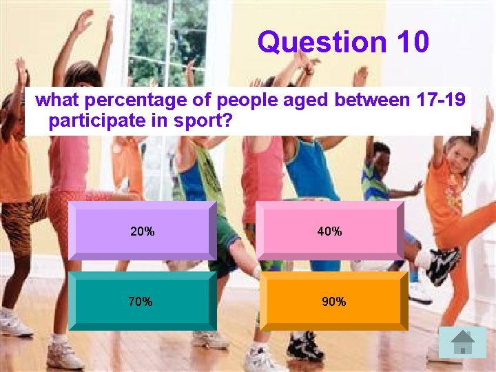 Question 10 what percentage of people aged between 17 -19 participate in sport? 20%