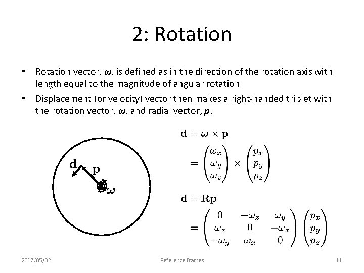 2: Rotation • Rotation vector, ω, is defined as in the direction of the